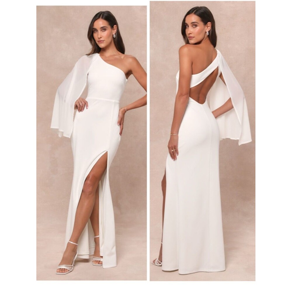 Lulus Majestic Attitude White Cape Sleeve One-Shoulder Maxi Dress Size XS Bridal